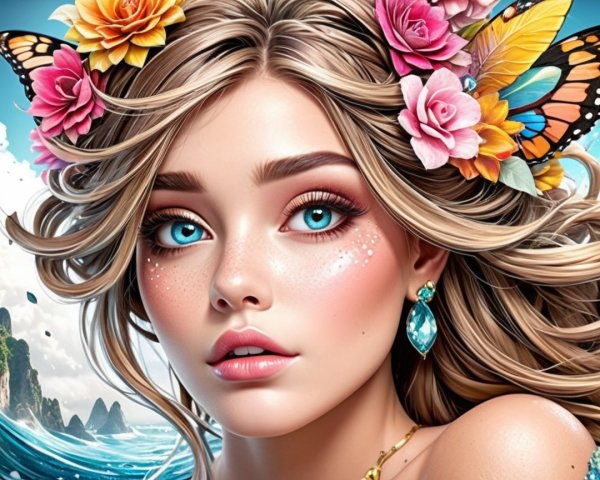 Young woman with flowers, butterflies, and ocean backdrop