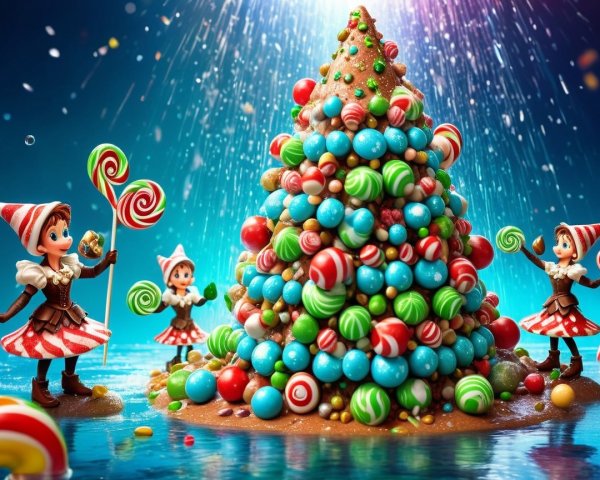 Whimsical Elf Figures by a Candy Christmas Tree