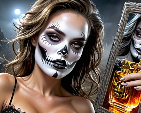 Elaborate Skull Makeup with Dark Lace Outfit