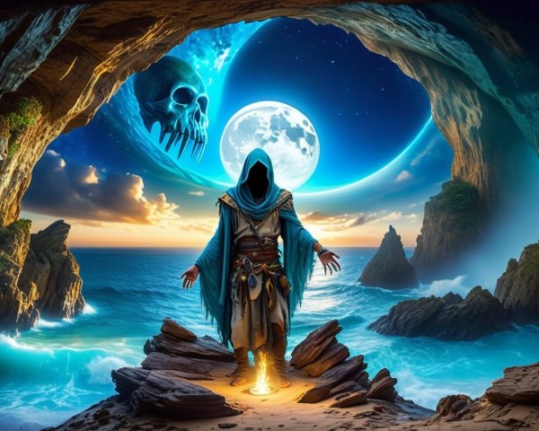 Cloaked Figure in Mystical Cave with Seascape and Skull