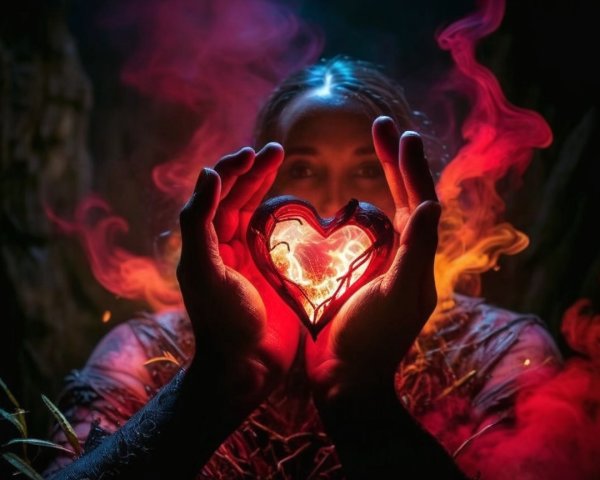 Glowing Heart-Shaped Object Surrounded by Colorful Smoke