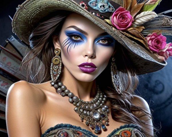 Striking Woman with Elaborate Makeup and Accessories