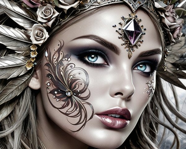 Ethereal Woman with Floral Face Art and Silver Crown