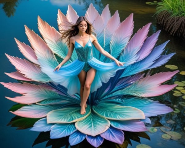 Graceful figure on vibrant lotus flower in serene pond