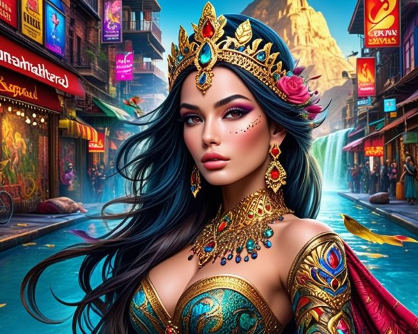 Elegant Woman in Traditional Attire by Colorful Street