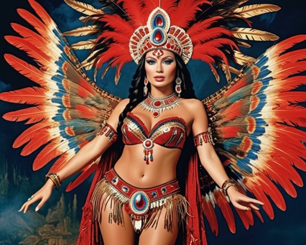 Vibrant Performer in Feathered Costume and Headdress