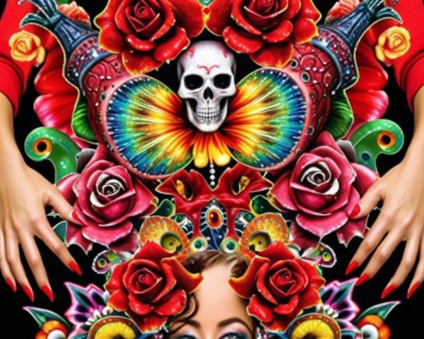 Vibrant Skull Design with Butterflies and Roses