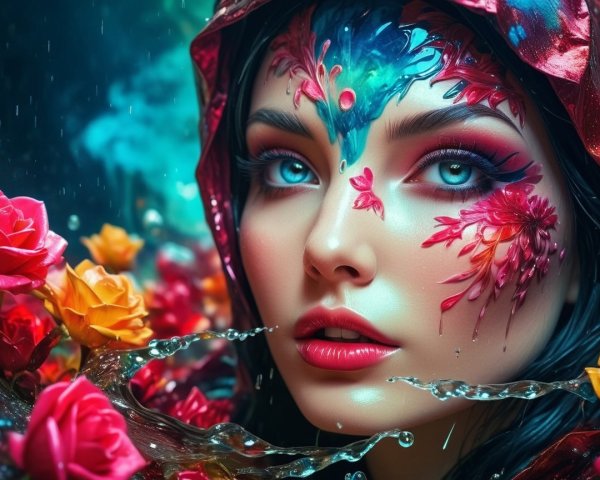 Portrait of a woman with floral face paint by water