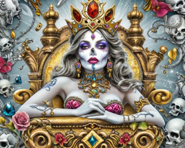 Regal Figure on Ornate Throne with Colorful Jewels