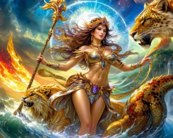 Majestic figure in gold with leopards and celestial backdrop