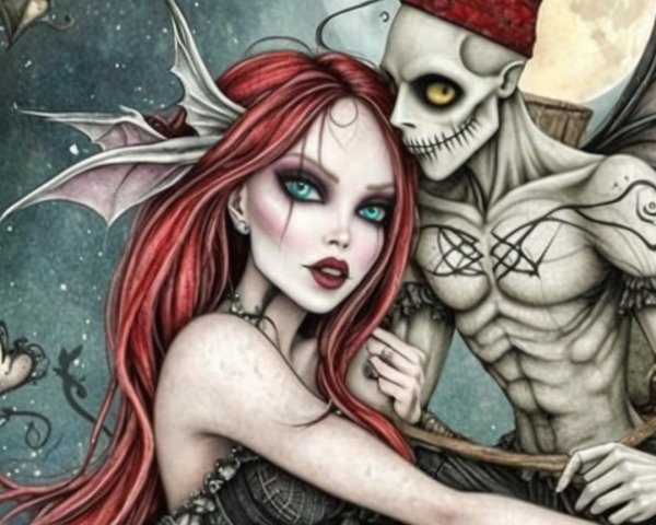 Gothic Illustration of Woman and Skeletal Embrace