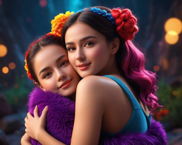 Girls in Floral Crowns Embracing in a Forest
