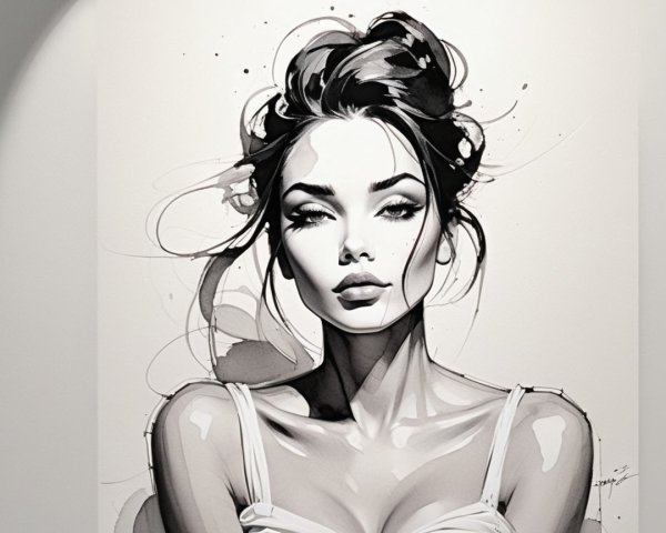Black-and-white illustration of a serene woman