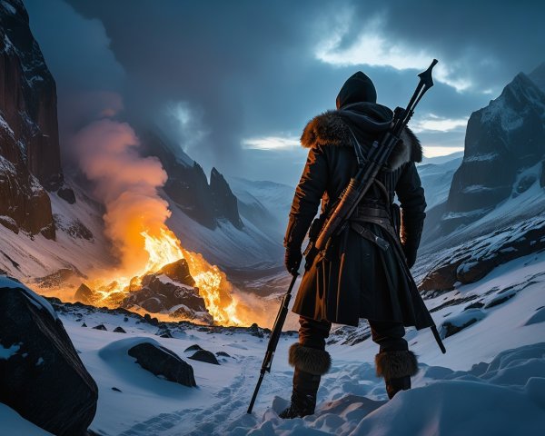 Solitary Figure in Winter Landscape with Eruption