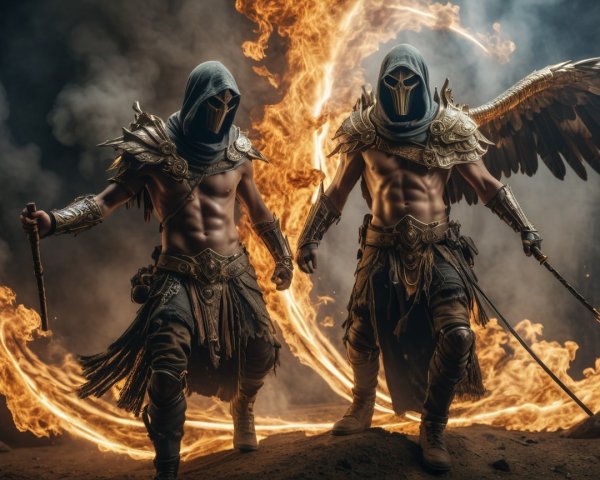 Muscular Warriors in Dark Armor Surrounded by Flames