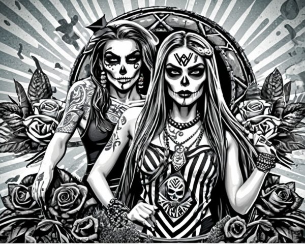 Monochrome Illustration of Women with Sugar Skull Face Paint