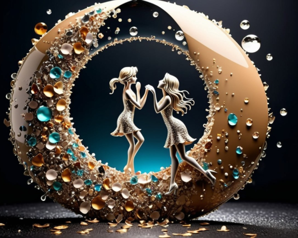 Stylized Figures of Women in Crescent Moon Design