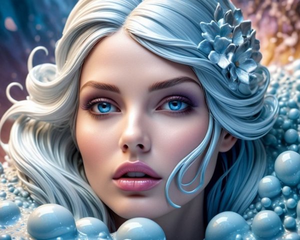 Portrait of a woman with silvery-blue hair and bubbles