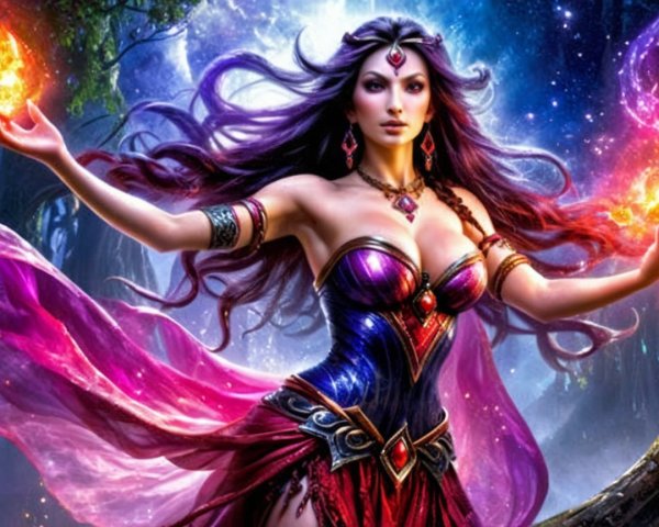 Mystical Woman in Enchanted Forest with Glowing Orbs