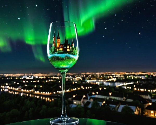 Glass of Wine with Miniature Castle and Auroras