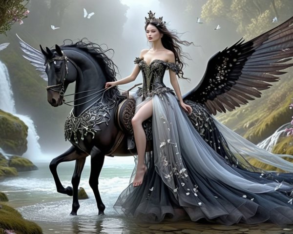 Woman in Black and Silver Gown with Winged Horse