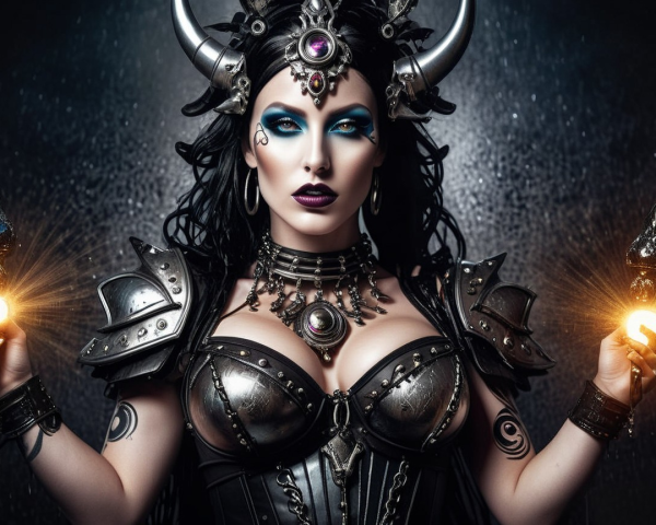 Elaborate armored figure with mystical orbs and headdress