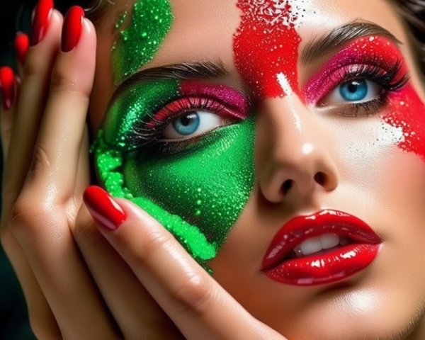 Close-up of a model with vibrant festive makeup