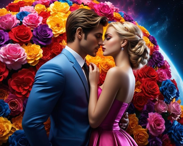 Couple Embraced Among Colorful Roses and Cosmic Swirl