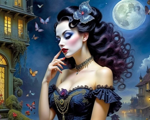 Ethereal Woman in Black Dress with Butterflies and Moon