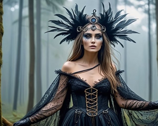 Mysterious Figure in Foggy Forest with Black Gown