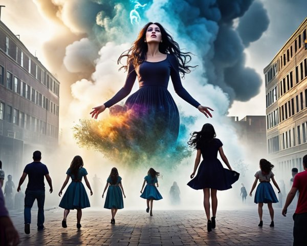 Surreal Cityscape with Hovering Woman and Blue Dresses