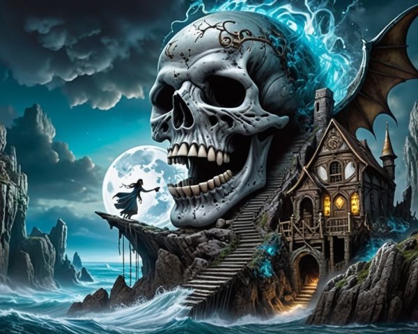 Dramatic landscape with colossal skull and ocean waves