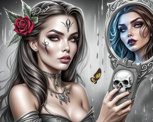 Portrait of a Woman with Tattoos and Mirror Reflection