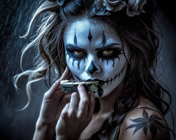 Woman with Skull Makeup and Rainy Atmosphere