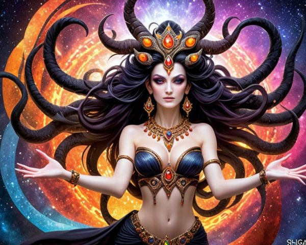 Mystical Figure with Jewelry in Cosmic Background
