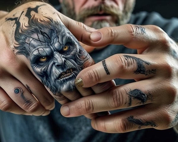 Close-up of tattooed hands with intricate designs