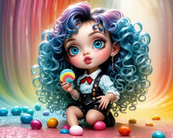 Whimsical Doll with Blue and Purple Hair and Lollipop