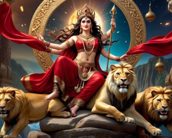 Majestic goddess with trident and lions in celestial scene