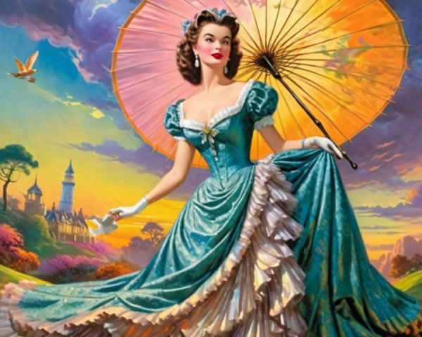 Glamorous Woman in Teal Gown with Vintage Charm