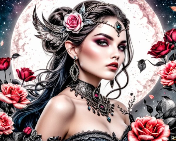 Enchanting Woman with Roses and Full Moon Glow