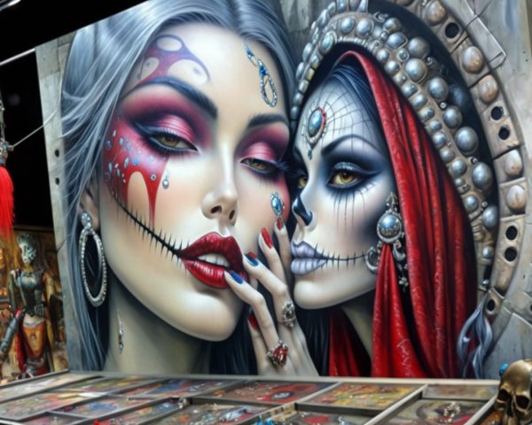 Mural of Glamorous Figures with Intricate Face Paint