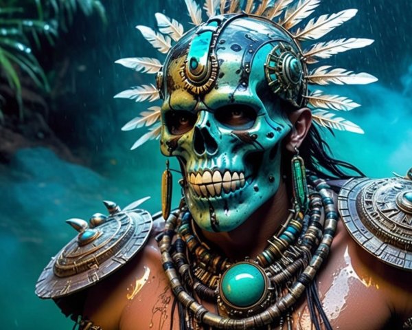 Character with Intricate Skull Mask in Mystical Setting