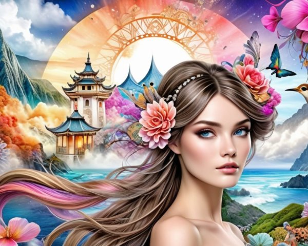 Young woman with flowers in hair in serene landscape