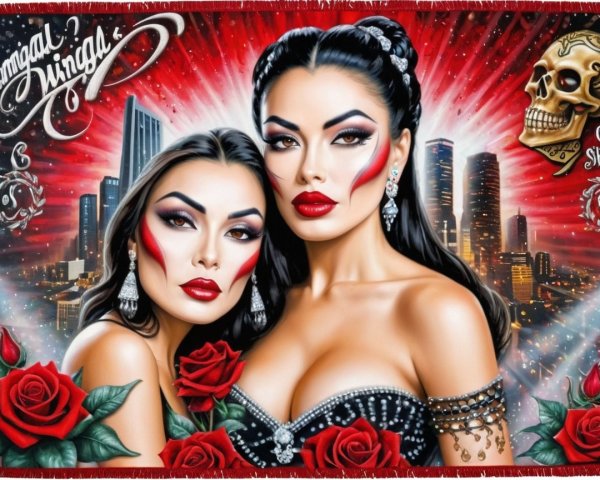 Glamorous Women with Bold Makeup Against City Skyline