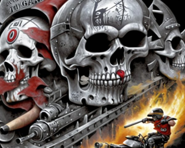 Dark Artwork with Skulls and Fiery Background