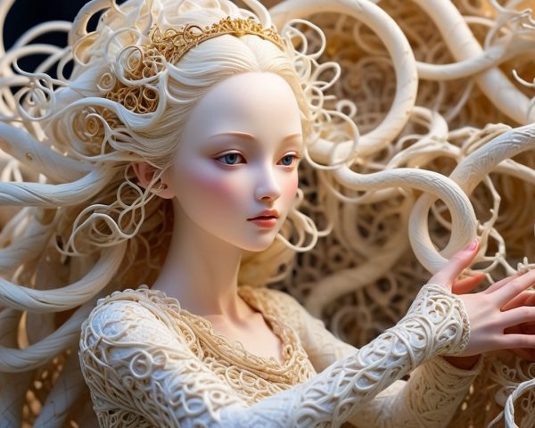 Ethereal Doll with Intricate Hair and Gown Design