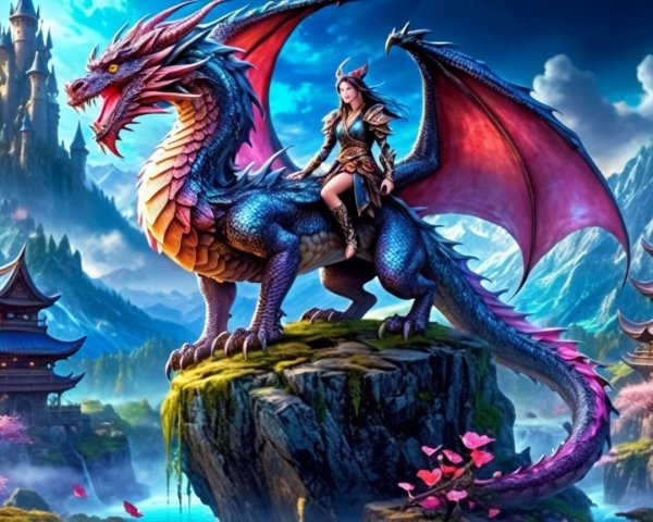 Dragon and Warrior Maiden in Serene Landscape