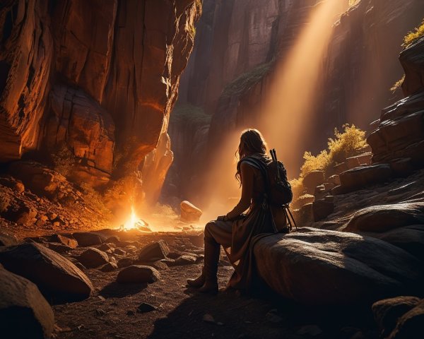 Solitary Figure by Fire in a Serene Canyon