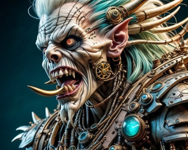 Otherworldly Creature with Mechanical Armor and Gems