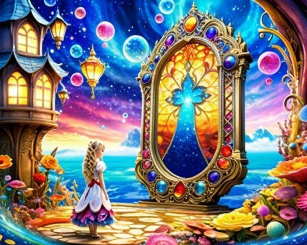 Whimsical Scene with Girl and Ornate Mirror Reflection